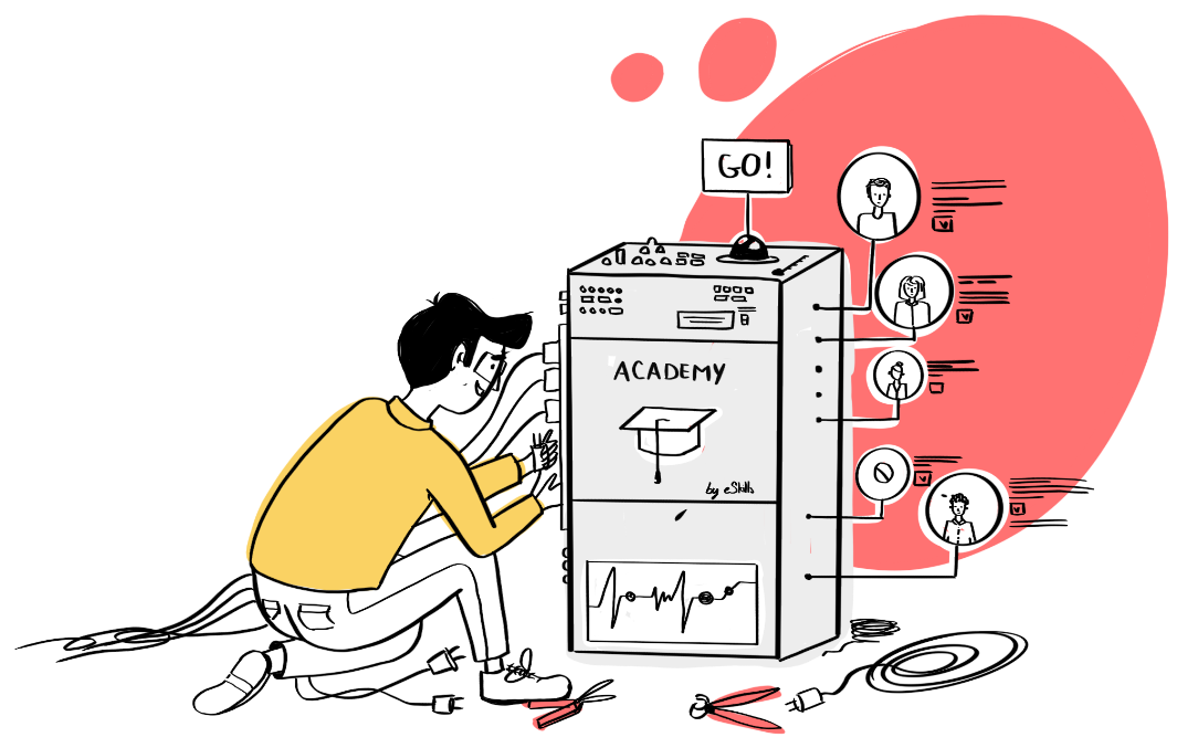 Illustration of a man working on a machine representing an academy.