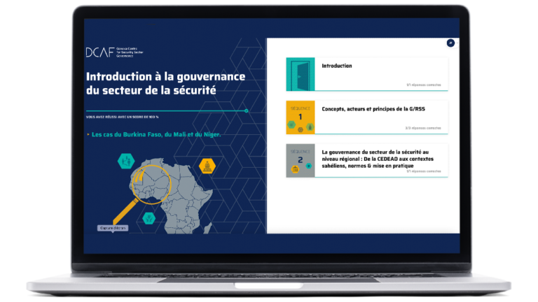 Exemples d’images du module Introduction à la réforme et à la gouvernance du secteur de la sécurité, réalisé pour DCAF, sur ordinateur