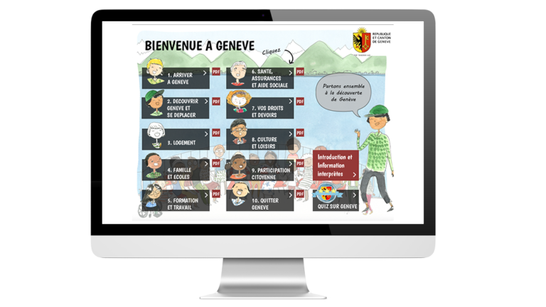 Exemples d’images du module informations sur Genève pour les migrants réalisé pour l'État de Genève, sur n ordinateur.