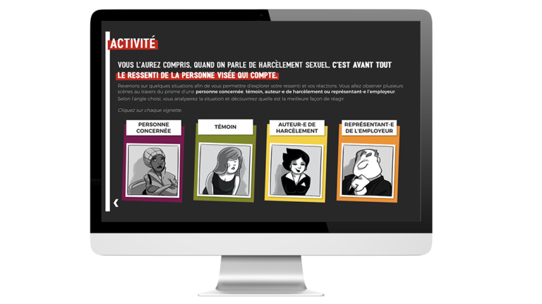 Exemples d’images du module Prévention du harcèlement sexuel, réalisé pour l’État de Genève, sur ordinateur