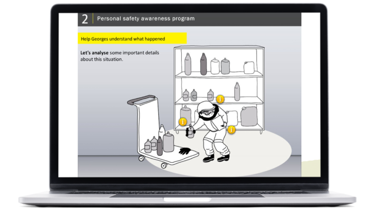 Exemples d'illustrations interactives du elearning health and safety réalisé pour Givaudan, sur un ordinateur portable.