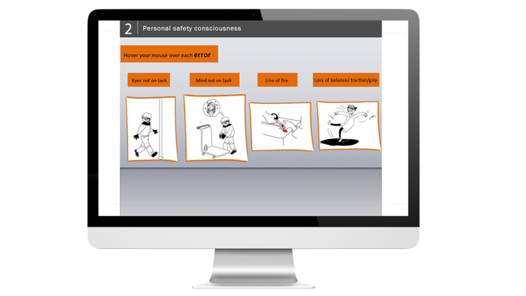 Exemples d'illustrations interactives du elearning health and safety réalisé pour Givaudan, sur un ordinateur.