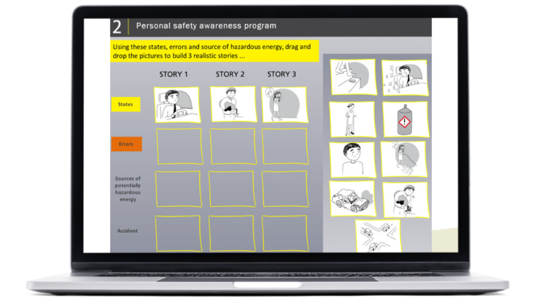 Exemples d'illustrations drag and drop du elearning health and safety réalisé pour Givaudan, sur un ordinateur portable.
