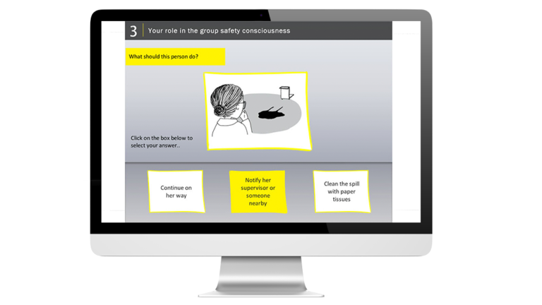 Exemples d'illustration avec texte cliquable du elearning health and safety réalisé pour Givaudan, sur un ordinateur.