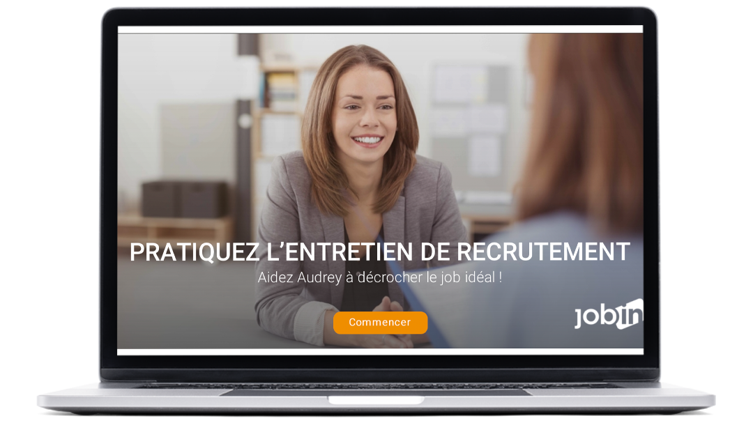 exemple d'une image de recrutement dans le elearning de la plateforme Jobin réalisé pour l'office cantonale de l'emploi de genève, sur un ordinateur portable.