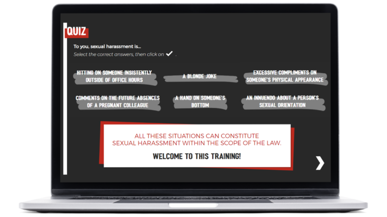 Images example of elearning module Prevention of sexual harassment, created for the State of Geneva, on laptop