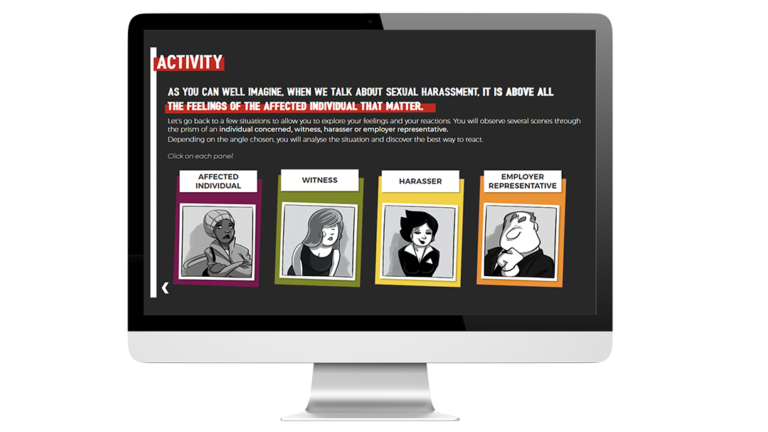 Images example of elearning module Prevention of sexual harassment, created for the State of Geneva, on laptop